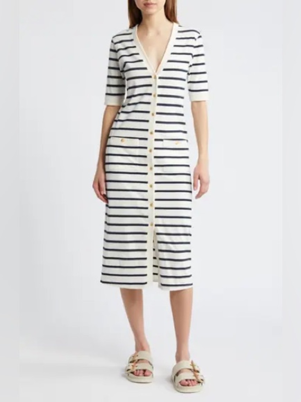 Frame Denim Henley Stripe Nautical White and Navy Blue Striped Midi Dress